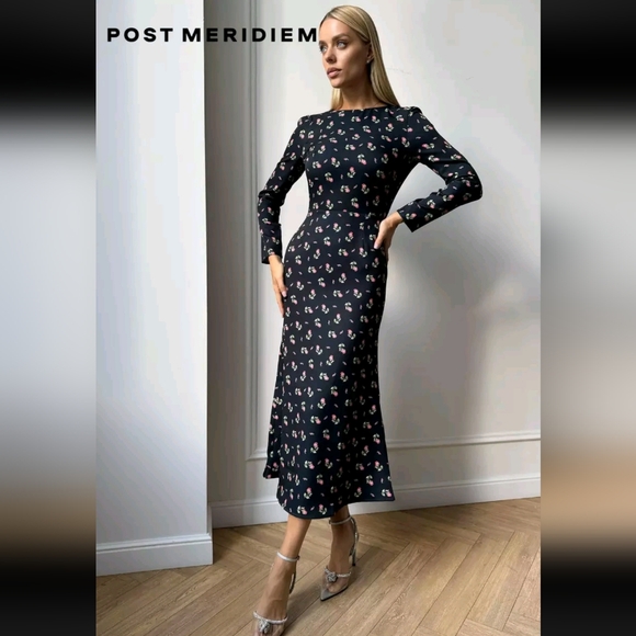 Post Meridiem Godet Silhouette Midi Dress Women's Small Long Sleeve Floral - Picture 1 of 10